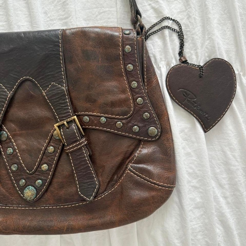ROBERTO CAVALLI Brown Western Glam Leather Boho Turquoise Studded Structured Bag - Picture 4 of 8